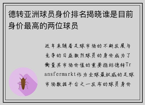 德转亚洲球员身价排名揭晓谁是目前身价最高的两位球员 德转亚洲球员身价排名揭晓谁是目前身价最高的两位球员