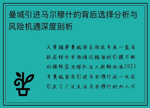 曼城引进马尔穆什的背后选择分析与风险机遇深度剖析