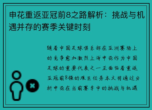 申花重返亚冠前8之路解析:挑战与机遇并存的赛季关键时刻 申花重返亚冠前8之路解析:挑战与机遇并存的赛季关键时刻