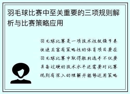 羽毛球比赛中至关重要的三项规则解析与比赛策略应用