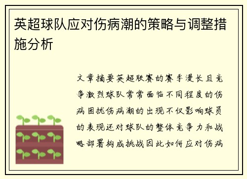 英超球队应对伤病潮的策略与调整措施分析