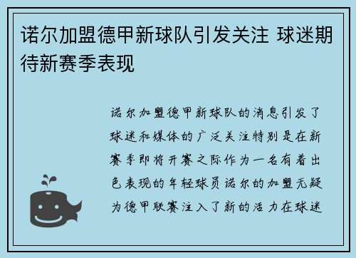 诺尔加盟德甲新球队引发关注 球迷期待新赛季表现