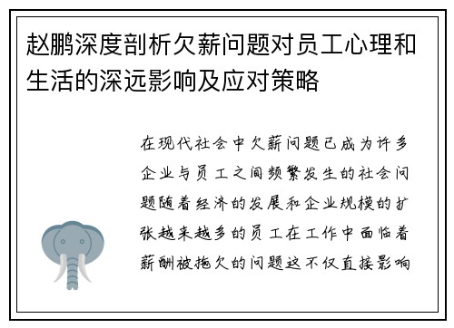 赵鹏深度剖析欠薪问题对员工心理和生活的深远影响及应对策略