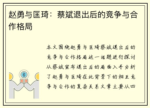 赵勇与匡琦:蔡斌退出后的竞争与合作格局 赵勇与匡琦:蔡斌退出后的竞争与合作格局